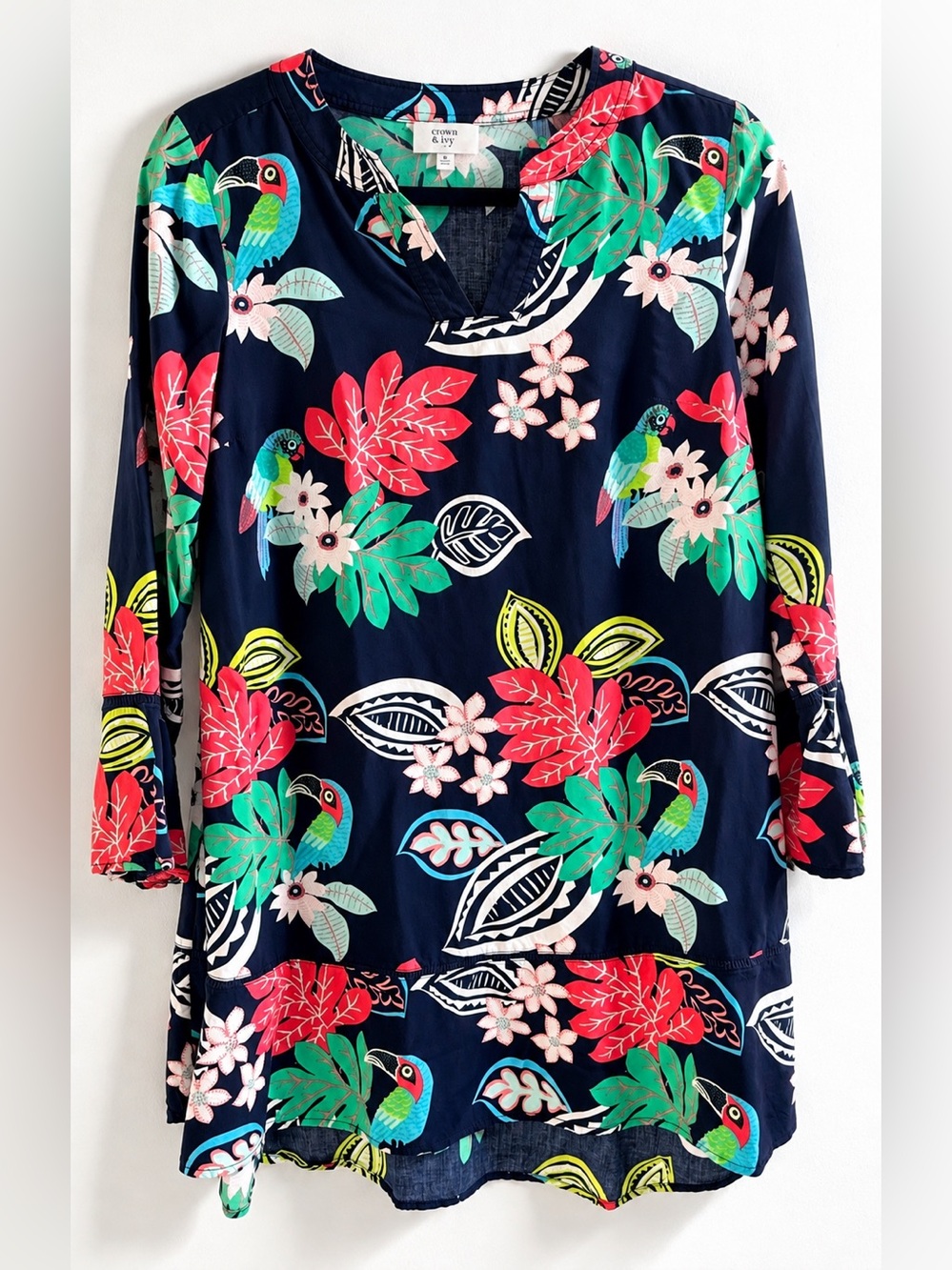 Crown & Ivy Tropical Parrot Floral Tunic Dress - Petite Small